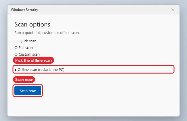Windows Security scan options with the offline scan selected and the Scan now button highlighted