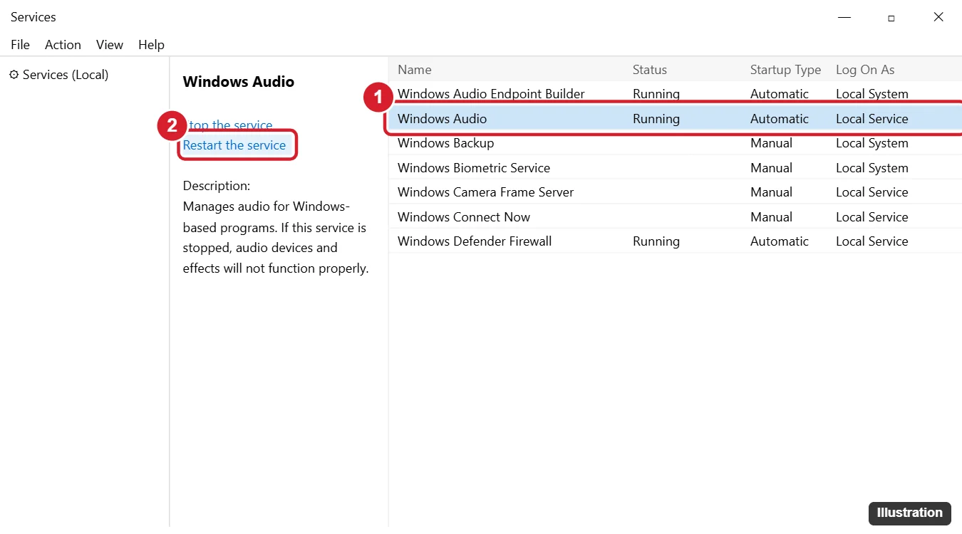 How to Restart the Audio Driver in Windows 10 (5 Methods) 1 Windows Services console with Windows Audio selected and Restart the service highlighted