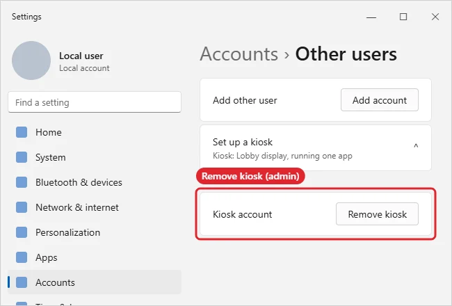 How to Exit Kiosk Mode in Windows 10 (For Administrators) 1 Other users settings with the kiosk entry and Remove kiosk highlighted