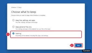 Windows Setup Choose what to keep screen with the Nothing option selected for a clean install