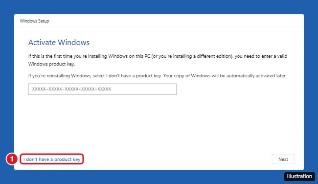 Windows Setup Activate Windows screen with I don't have a product key highlighted