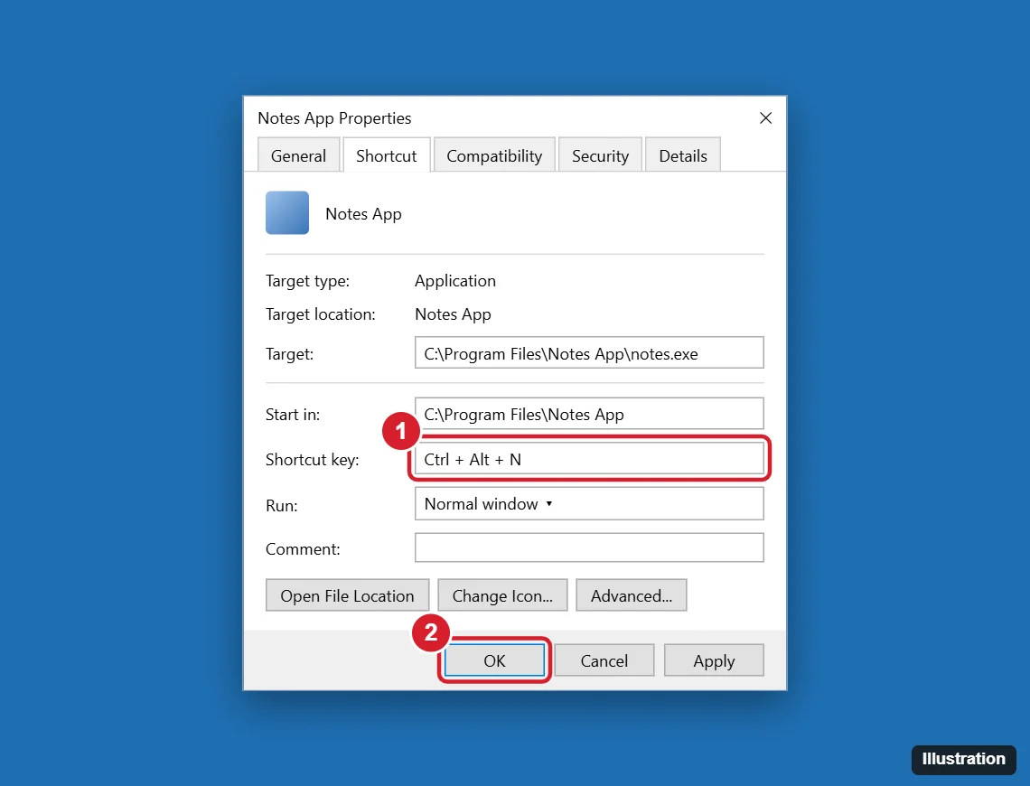How to Change Keyboard Shortcuts in Windows 10 1 Windows shortcut Properties dialog on the Shortcut tab with the Shortcut key field set to Ctrl plus Alt plus N and the OK button highlighted