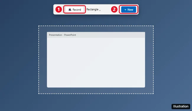Windows Snipping Tool toolbar with the Record video mode selected and the New button highlighted, with a dashed area selected on screen