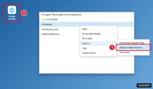 Windows desktop with a Google Chrome shortcut being created by dragging from the Start menu, and the Send to Desktop (create shortcut) option highlighted