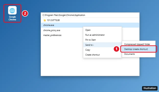 How to Create a Google Chrome Shortcut on Your Desktop 1 Windows desktop with a Google Chrome shortcut being created by dragging from the Start menu, and the Send to Desktop (create shortcut) option highlighted