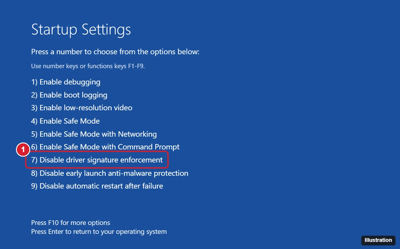 Windows Startup Settings screen listing numbered boot options with option 7, Disable driver signature enforcement, highlighted