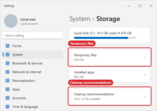 Storage settings page with Temporary files and Cleanup recommendations highlighted