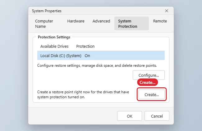 How to Create a Restore Point in Windows 10 1 System Properties System Protection tab with the Create button highlighted