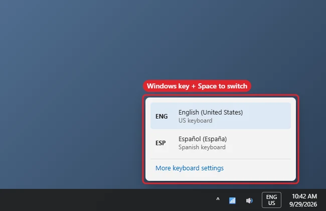 Windows taskbar input language flyout with two keyboard languages listed