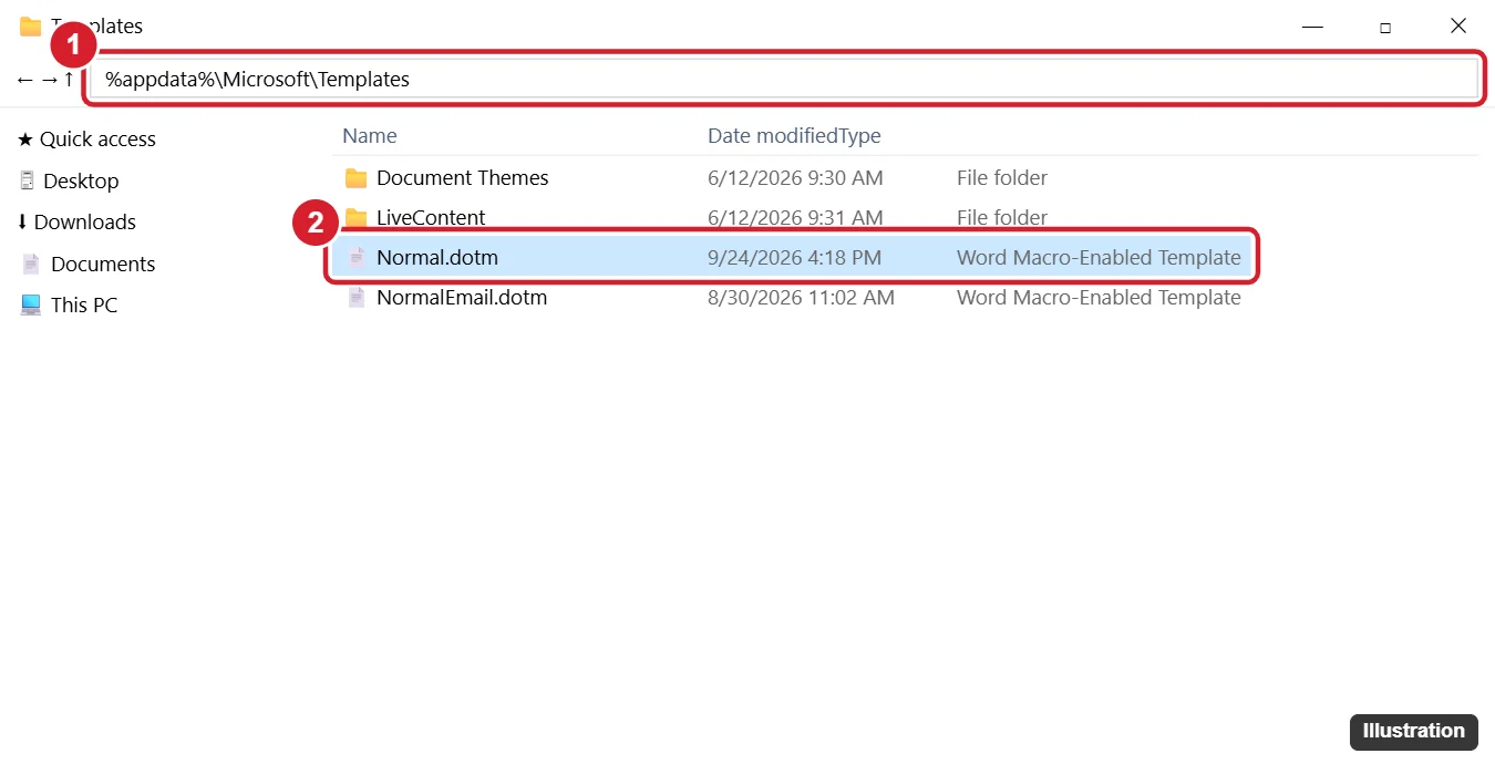 How to Reset Microsoft Word to Default Settings (5 Methods) 1 File Explorer showing the Office Templates folder path and the Normal.dotm template file highlighted