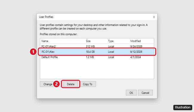 How to Recreate a User Profile in Windows 10 or 11 1 Windows User Profiles dialog with an old profile selected and the Delete button highlighted