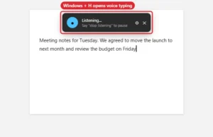Voice typing panel listening over a document after pressing Windows + H