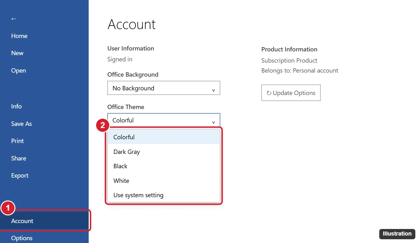 How to Change the Theme in Word (Light Mode, Dark Mode, and Document Themes) 1 Word processor Account screen with the Office Theme dropdown open and theme options highlighted