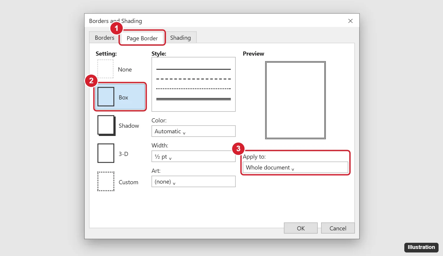 Word Borders and Shading dialog on the Page Border tab with Box selected and the Apply to menu highlighted