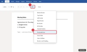 Word Home tab with the Borders menu open and Horizontal Line highlighted, plus a line typed with three hyphens in the document