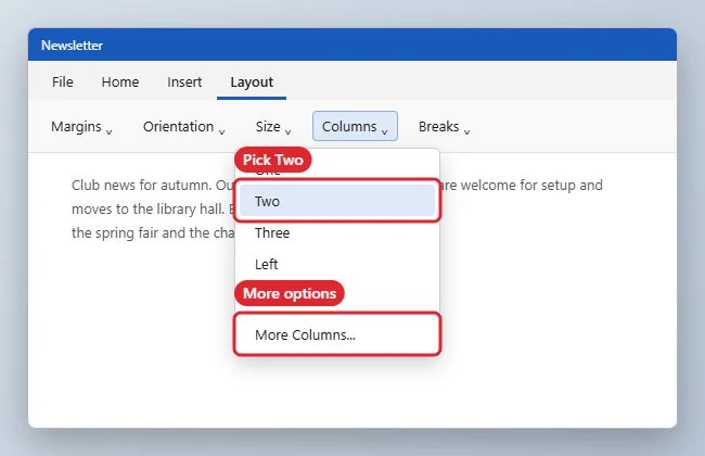How to Make Two Columns in Word (Including Word 2013) 1 Word processor Layout tab with the Columns menu open and Two selected
