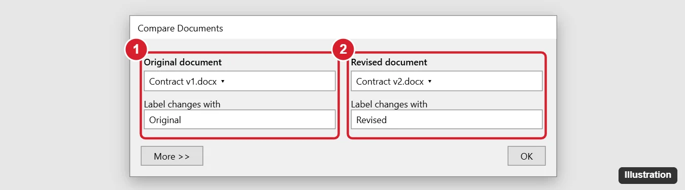 How to Run a Redline Comparison in Word 1 Word Compare Documents dialog with Original document and Revised document fields highlighted