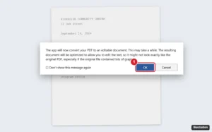 Word processor message saying it will convert a PDF to an editable document, with the OK button highlighted, over a scanned letter preview