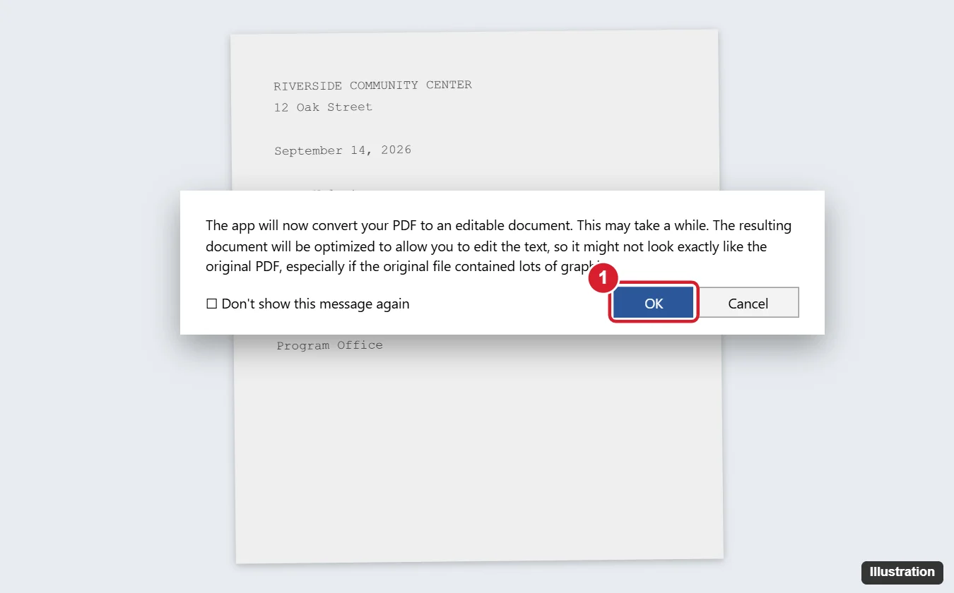 Word processor message saying it will convert a PDF to an editable document, with the OK button highlighted, over a scanned letter preview