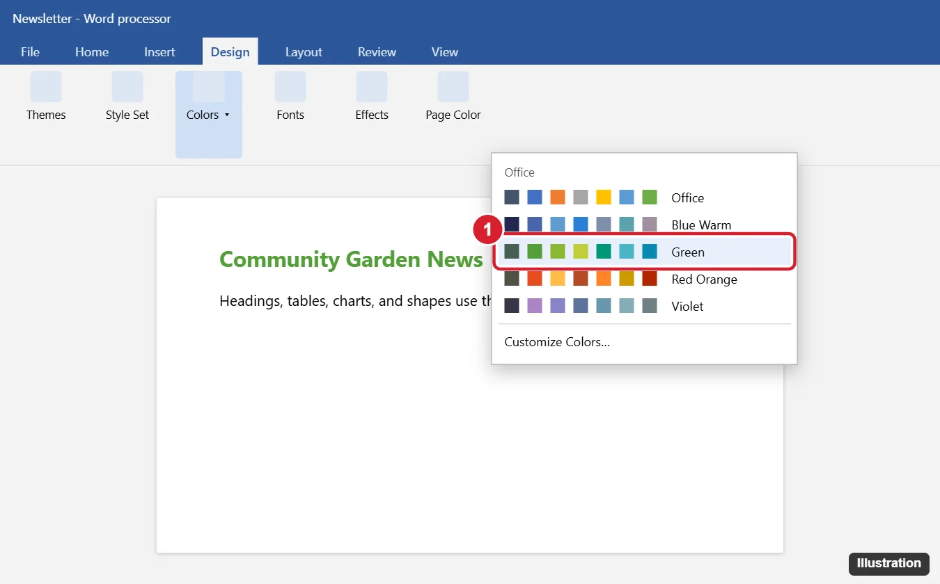 How to Change Theme Color in Word 1 Word processor Design tab with the Colors menu open showing theme color palettes and Customize Colors, one palette highlighted