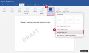 Word processor Design tab with the Watermark menu open and Remove Watermark highlighted below the watermark gallery