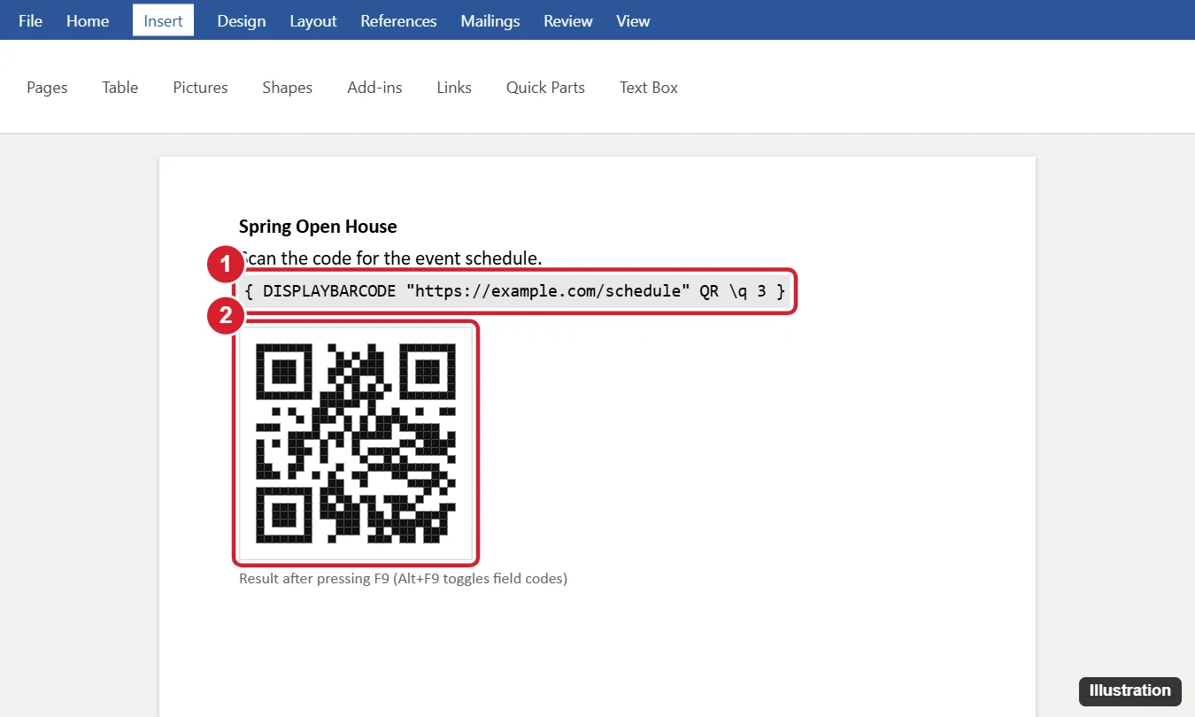 How to Create a QR Code in Word (Built-In Field, Add-ins, and More) 1 Word document showing a DISPLAYBARCODE field code and the QR code it produces