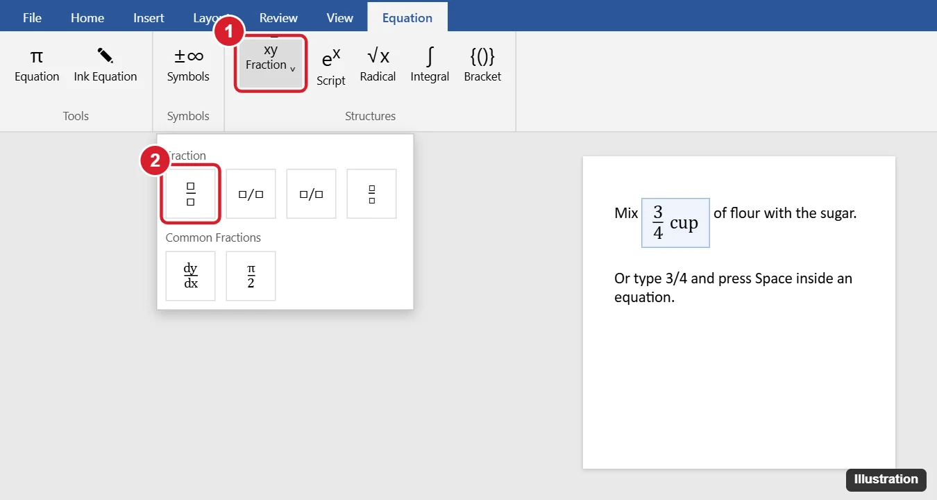 How to Do Fractions in Word (4 Easy Methods) 1 Word processor Equation tab with the Fraction button and the Stacked Fraction option highlighted