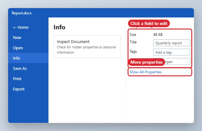 Word processor File Info screen with the Properties panel and editable Title, Tags and Author fields