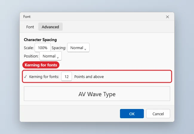 How to Adjust Kerning in Word 1 Font dialog Advanced tab with Kerning for fonts checked and the point size highlighted
