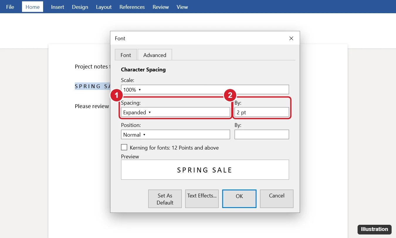 Word Font dialog Advanced tab with Character Spacing set to Expanded by 2 pt and the Spacing and By boxes highlighted