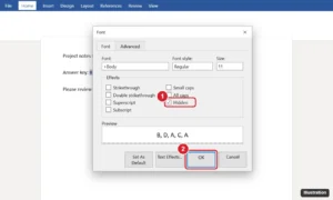 Word Font dialog with the Hidden effect checkbox and the OK button highlighted