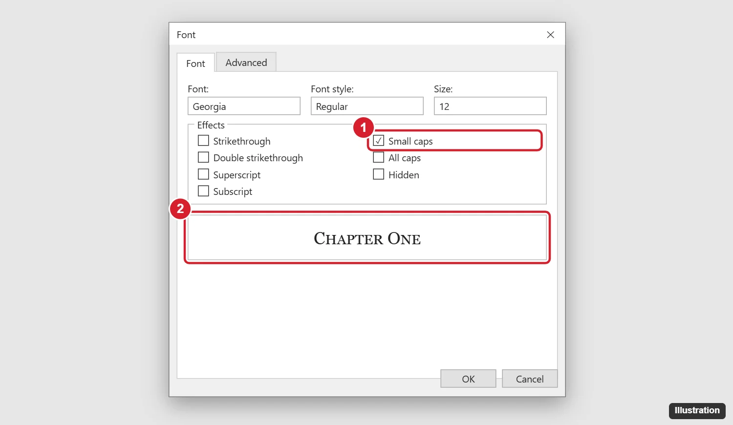 Word Font dialog with the Small caps effect checked and a preview showing small capital letters