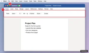 Word for Mac window showing the macOS menu bar, the ribbon Home tab, and the AutoSave switch highlighted