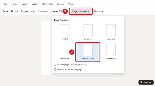 Word for the web Insert tab with Page Numbers open and the bottom center position highlighted
