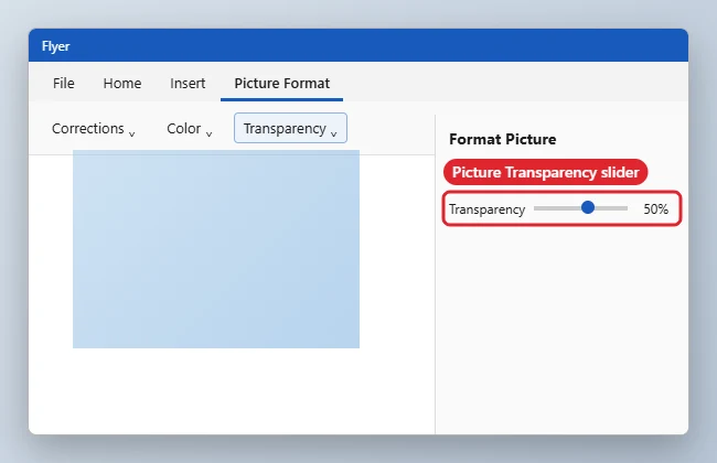 How to Change Opacity in Word for Pictures, Shapes and Text 1 Format Picture pane with the Picture Transparency slider set to 50 percent