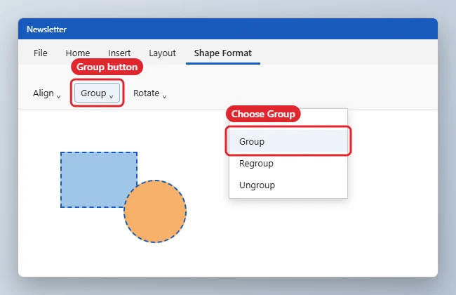 How to Group Objects in Word 1 Shape Format tab with the Group menu open and Group highlighted