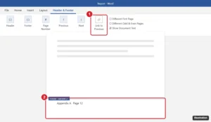 Word Header and Footer tab with Link to Previous highlighted and a footer labeled Footer Section 2