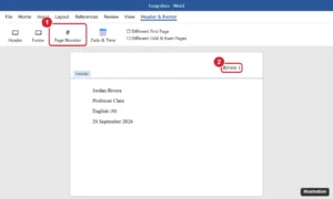 Word document header in editing mode with a last name and page number right-aligned, and the Page Number button highlighted
