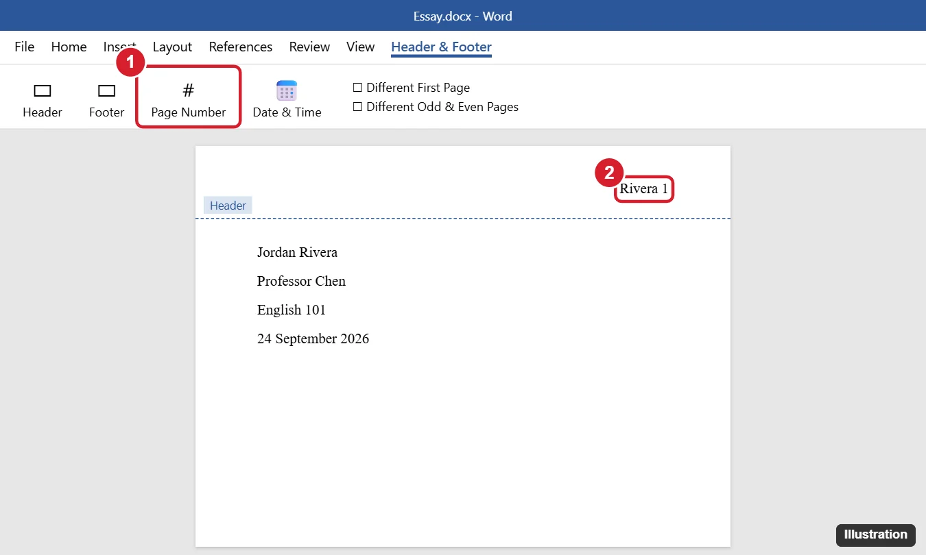 Word document header in editing mode with a last name and page number right-aligned, and the Page Number button highlighted