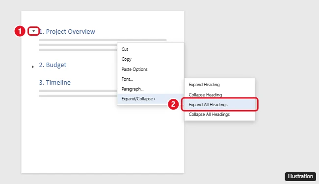 How to Get Rid of Expand/Collapse Arrows in Word 1 Word document with the collapse arrow next to a heading and the right-click Expand/Collapse menu showing Expand All Headings