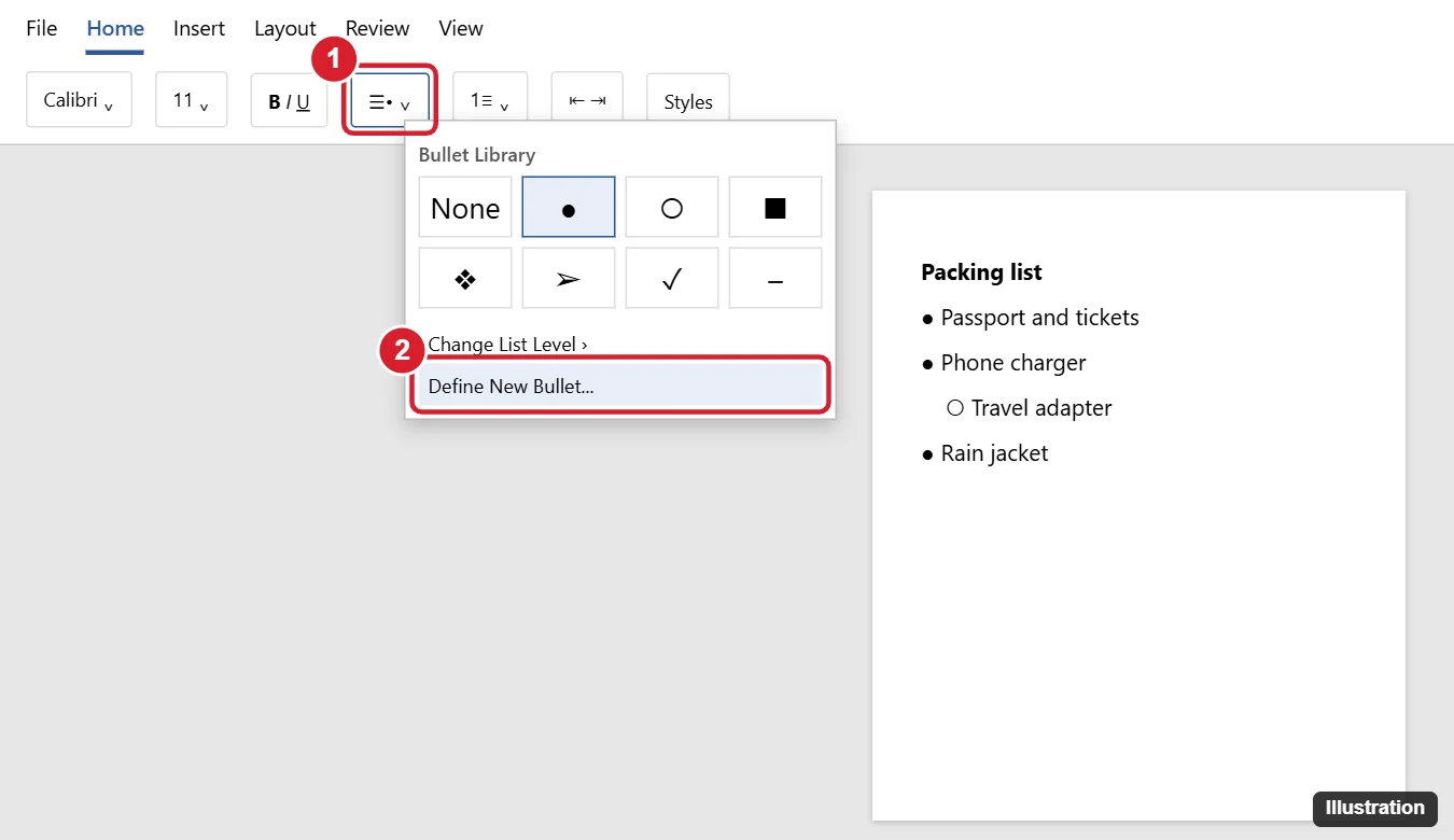 How to Format Bullet Points in Word: A Step-by-Step Guide 1 Word Home tab Bullets menu open with the Bullet Library and Define New Bullet option highlighted