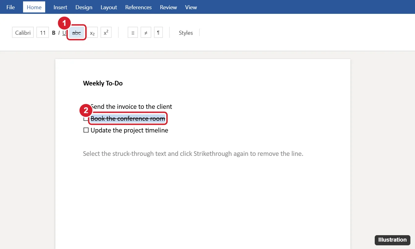 Word Home tab with the Strikethrough button highlighted and struck-through text selected in the document