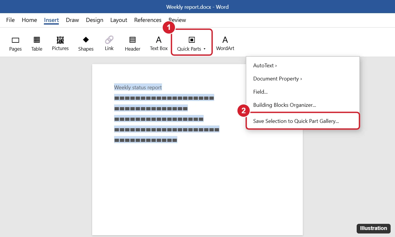 How to Duplicate a Page in Word Without Copy and Paste 1 Word Insert tab with the Quick Parts menu open and Save Selection to Quick Part Gallery highlighted