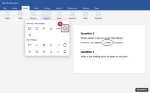 Word processor Insert tab with the Shapes gallery open and the Oval shape highlighted, beside a document where a red oval outline circles an answer