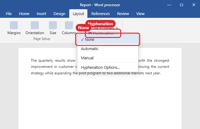 Word processor Layout tab with the Hyphenation menu open and None highlighted