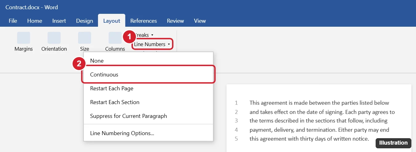 How to Insert Line Numbers in Word 1 Word Layout tab with the Line Numbers menu open and Continuous highlighted, with numbered lines in the document