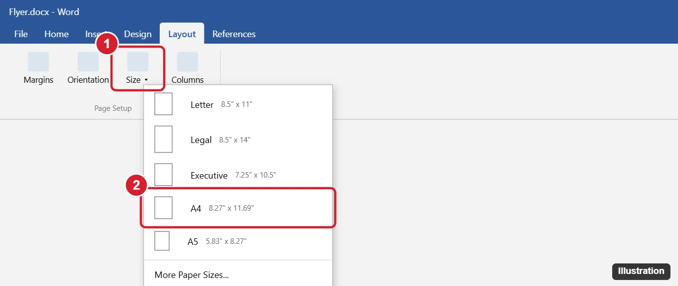 How to Change Paper Size in Word for Office 365 1 Word Layout tab with the Size menu open showing Letter, Legal, and A4 paper sizes, with A4 highlighted