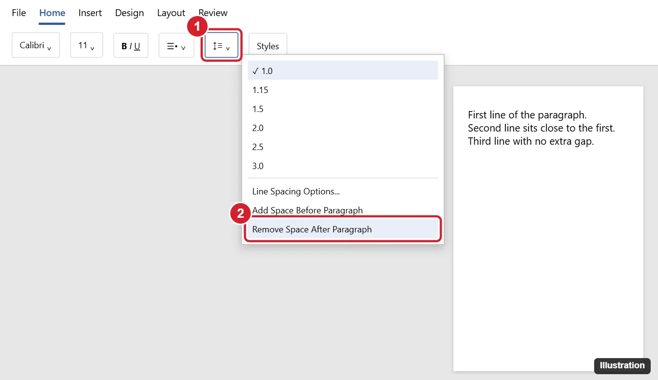 How to Remove Space Between Lines in Word: A Step-by-Step Guide 1 Word Home tab Line and Paragraph Spacing menu with 1.0 and Remove Space After Paragraph highlighted