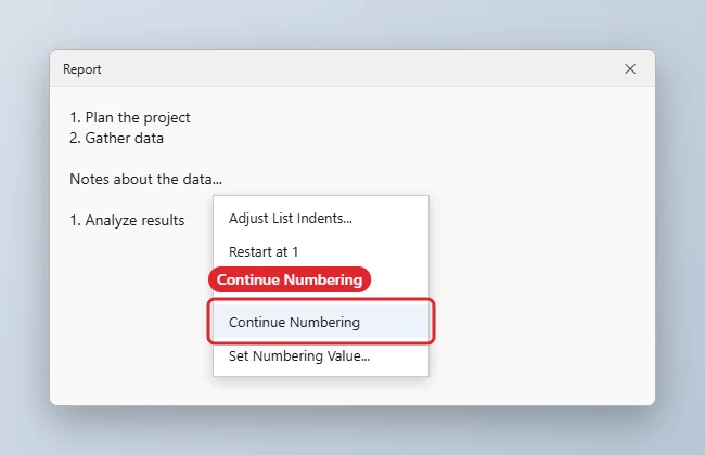 How to Continue Numbering in Word 1 List right-click menu with Continue Numbering highlighted