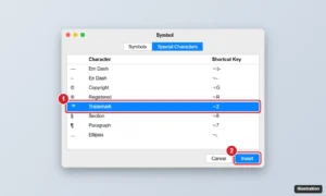 Word for Mac Symbol dialog on the Special Characters tab with Trademark selected and the Insert button highlighted